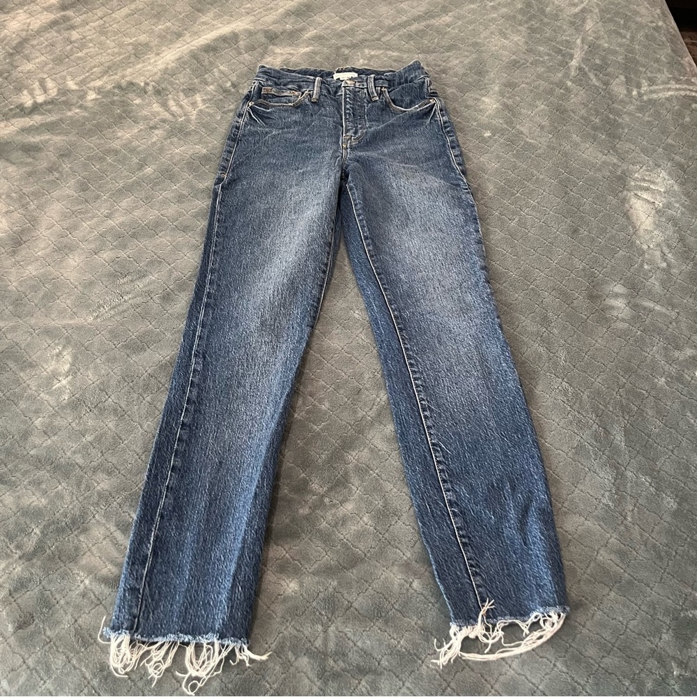 Good‎ American Good Straight Jeans Blue Frayed Fringe Hem High Rise 00 24